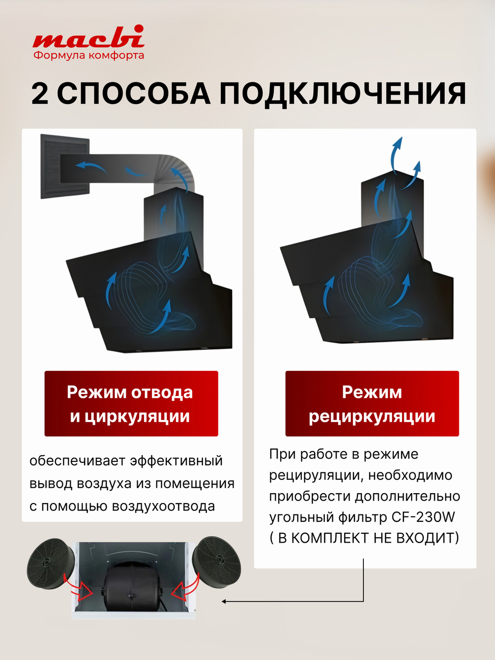 Вытяжка кухонная MACBI MТG60TL (IVORY) бежевый, D150мм, 1100м3/ч, наклонная, мотор 230Ватт, стекло 60см, сенсорное управл.