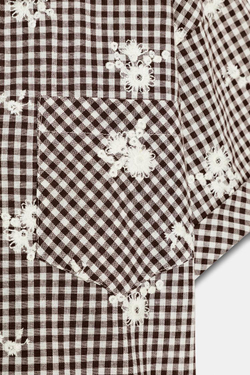 ZARA РУБАШКА В КЛЕТКУ С ВЫШИВКОЙ, КОРИЧНЕВЫЙ/ЭКРЮ