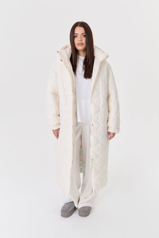 Пуховик стеганый длинный, молочный