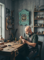 Мастер WOODandROOT за сборкой механизма в мастерской, на стене рядом висят резные мятные часы-наличник в стиле Северный стимпанк.