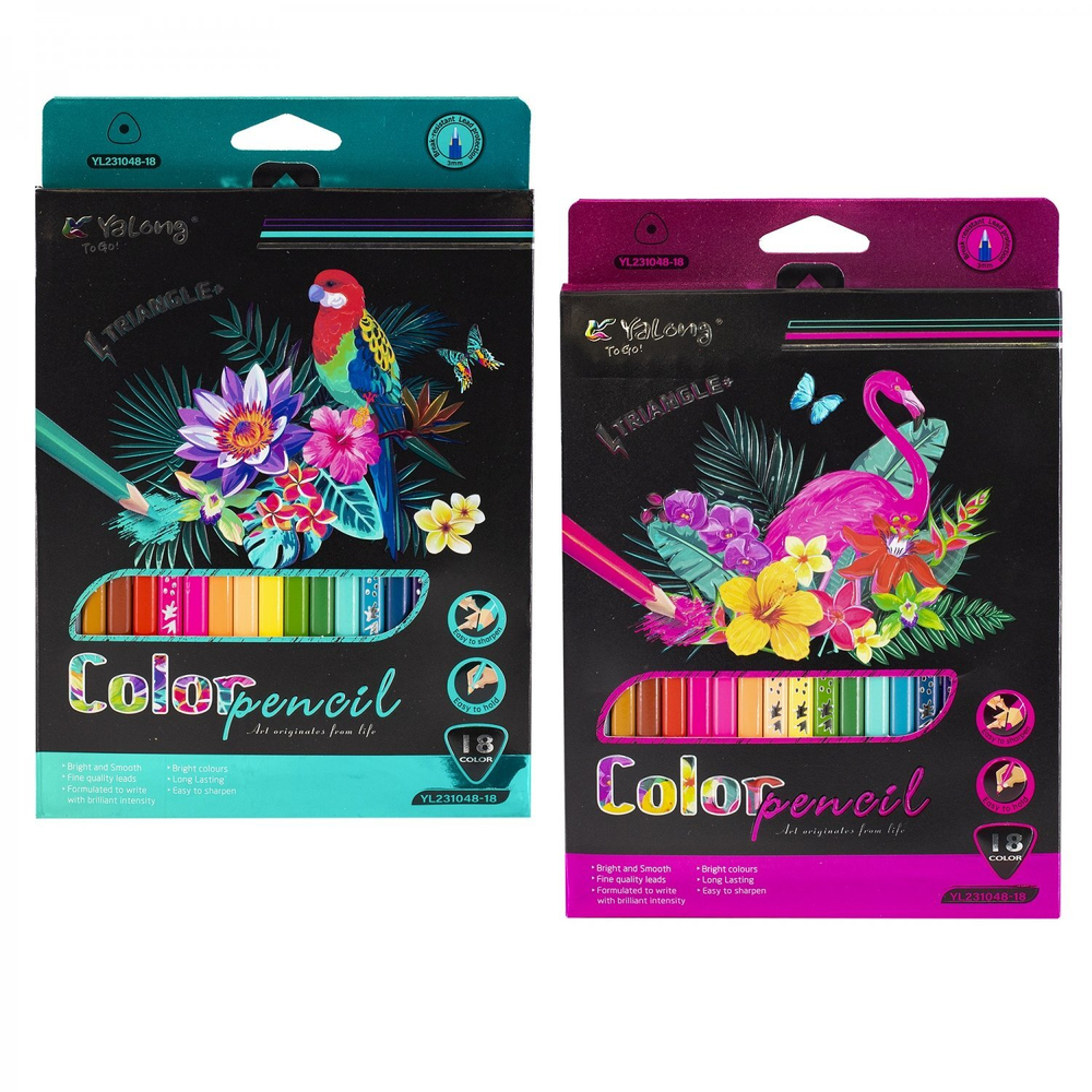 Карандаши цветные Yalong 18 цв., "Birds" деревянные, трехгранные, заточенные, грифель 3.0 мм, картон. уп., европодвес