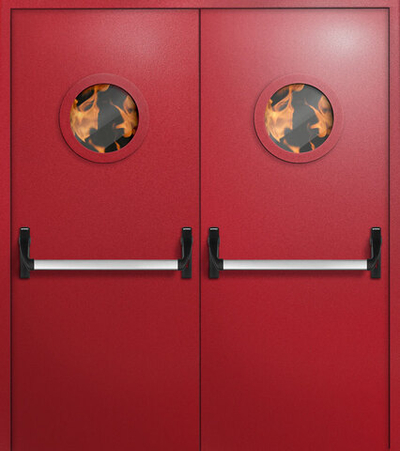 Двупольная противопожарная дверь с антипаникой и круглыми окошками - 1208