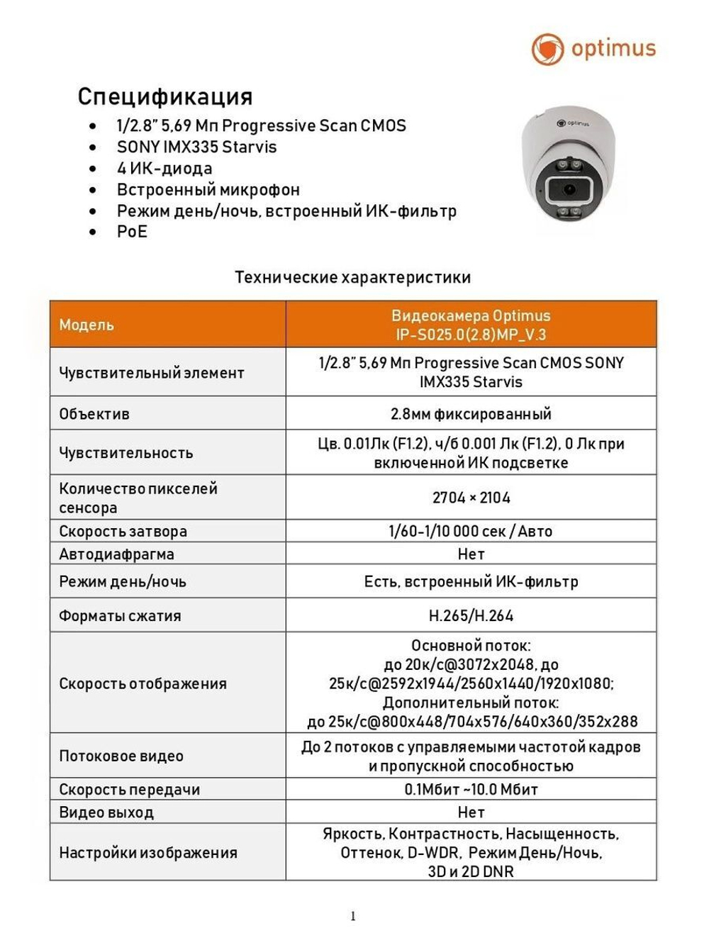 Видеокамера Optimus IP-S025.0(2.8)MP_V.3