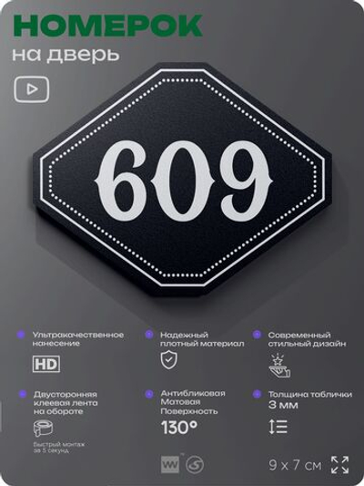 Номерок на дверь квартиры 609, для кабинета, офиса, шильдик 9 х 7 см, черный, Айдентика Технолоджи