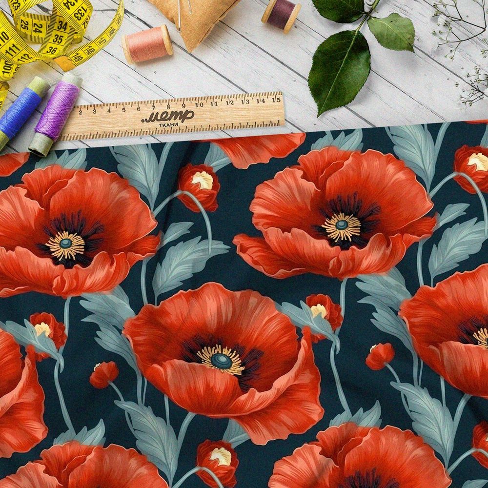 Ткань премиум бифлекс крупные маки на синем