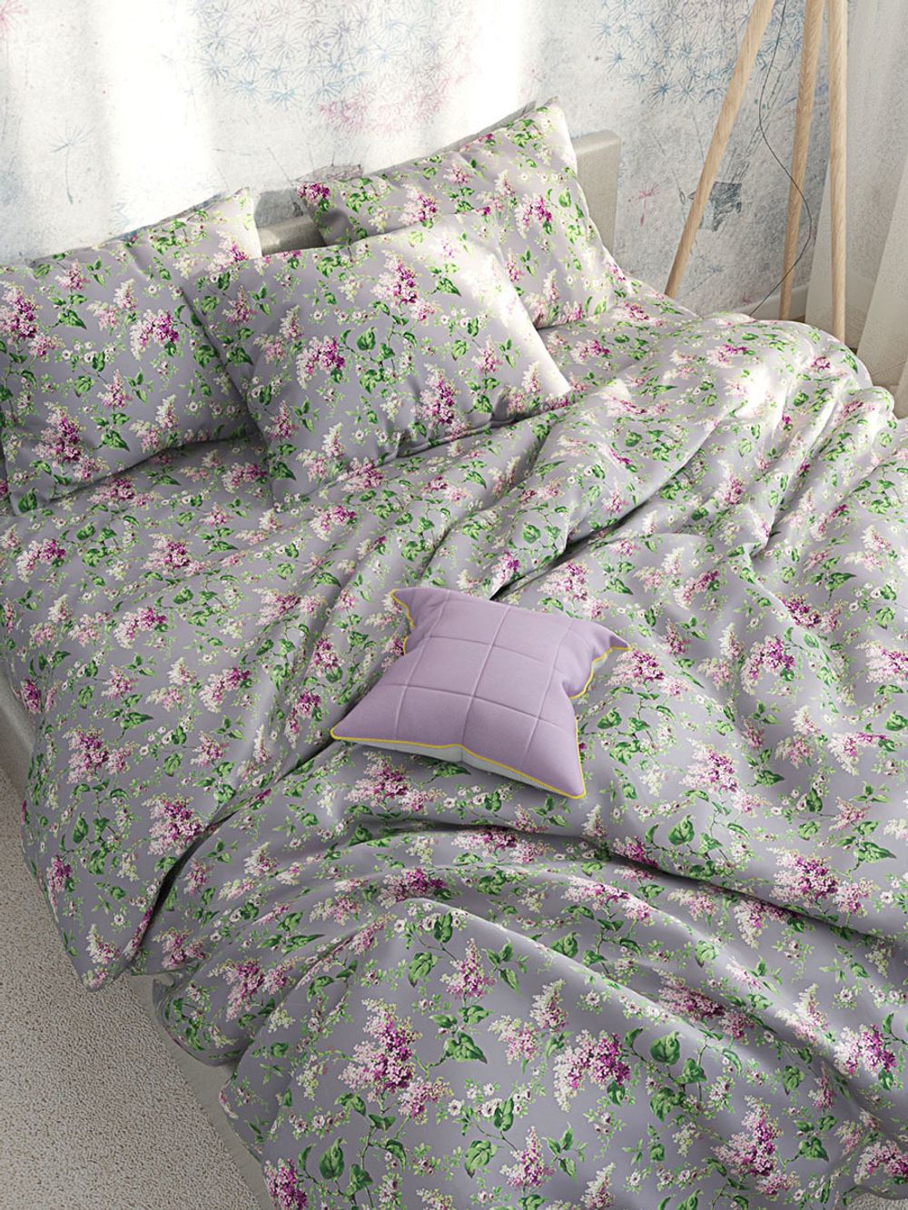 Постельное белье Сказка "Сирень" семейное Наволочка 50х70 см 2 шт Простынь на резинке 160х200 см Пододеяльник 145х215 см(2шт) , перкаль