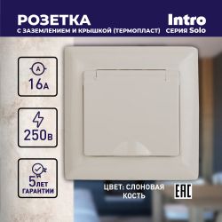 Розетка Intro Solo 4-203-02 с заземлением 2P+E Schuko с крышкой, 16А-250В, IP20, СУ, слоновая кость