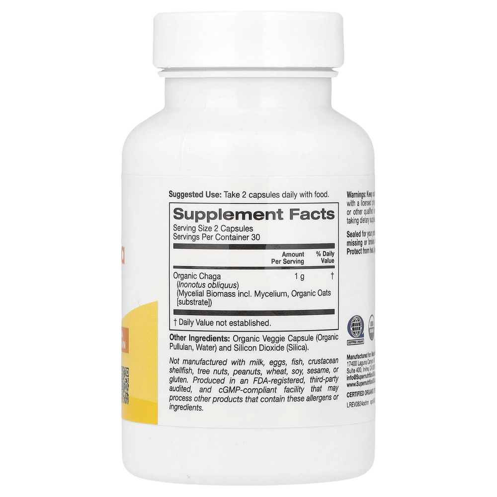 Super Nutrition, органический гриб чага, 1 г, 60 растительных капсул (0,5 г в 1 капсуле)
