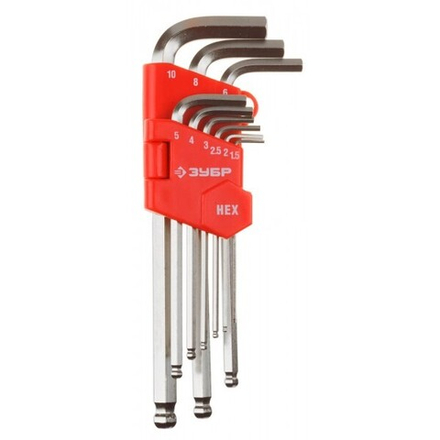 Набор ЗУБР Ключи "МАСТЕР" имбусовые длинные с шариком, Cr-V, сатинир. покрытие, пластик. держатель,