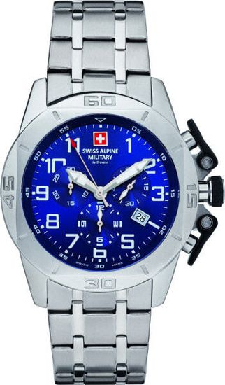 С браслетом Мужские наручные часы с серебряным браслетом Swiss Alpine Military 7063.9135 chrono 45mm 10ATM
