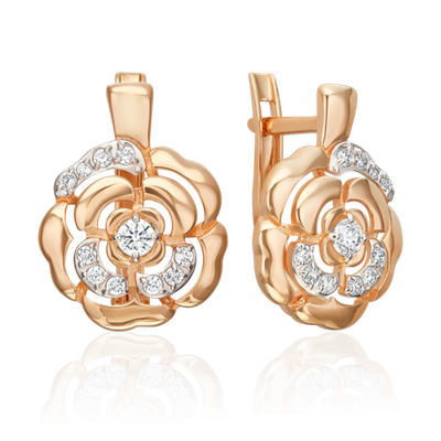Серьги «Камелии» с английским замком из красного золота с фианитами