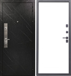 Входная дверь в квартиру STR МХ - 26 Гранит лава оникс, вставка нержавеющая сталь / Н1 ГЛАДКАЯ Белый софт