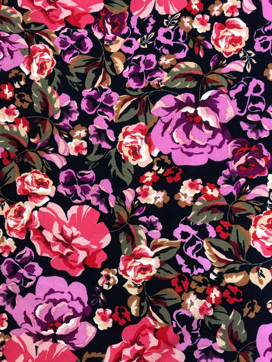 штапель принт цветы крупные малиновый/сиреневый на темно синем BST3401 D12C1