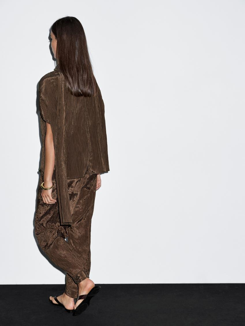 Massimo Dutti Блуза в тонкую полоску с воротником-шарфом, коричневый