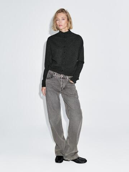 Massimo Dutti Кардиган с воротником-стойкой из 100% шерсти, темно-серый