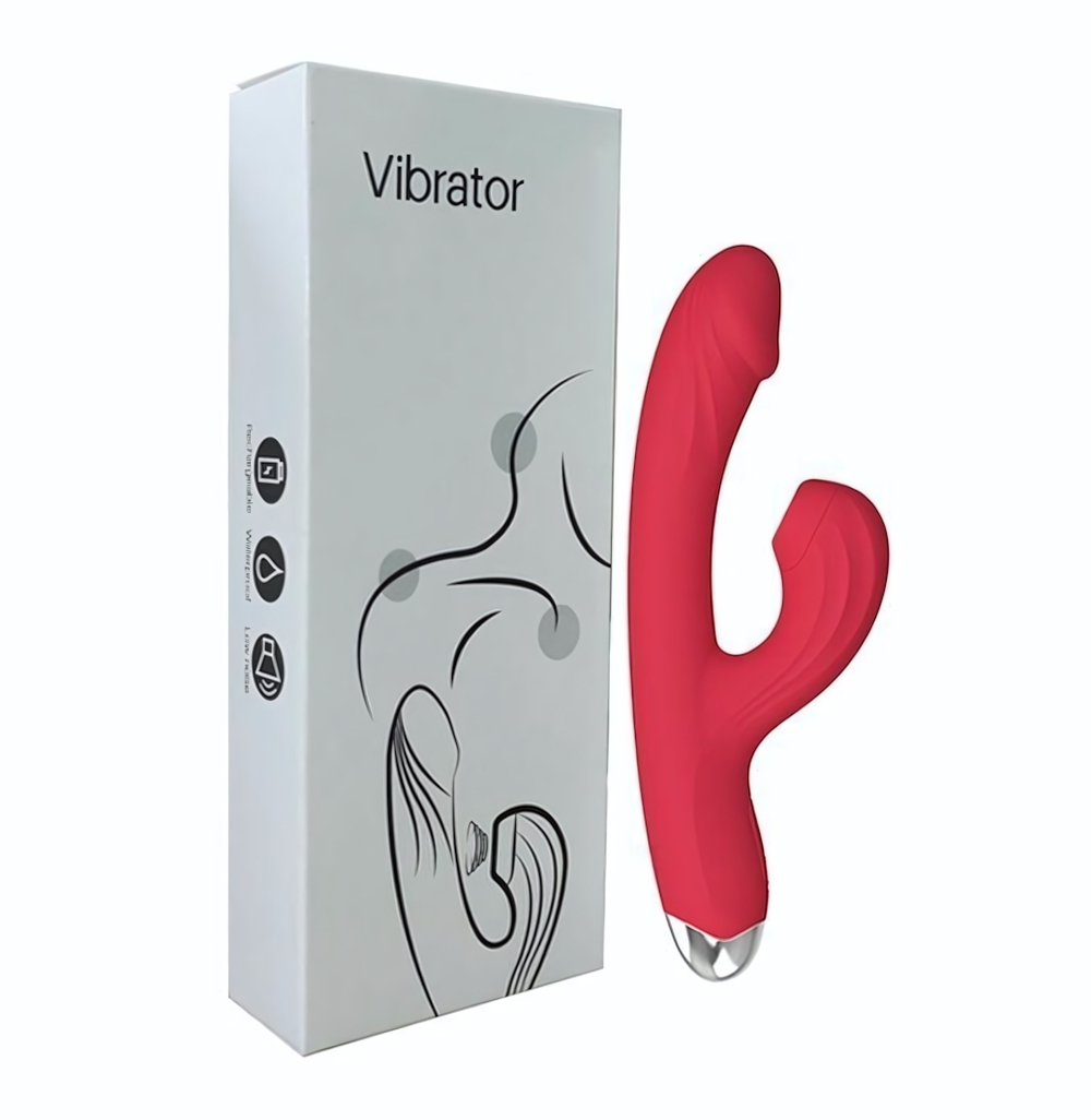 Красный силиконовый вибратор-кролик с вакуумным клиторальным отростком - 20,5 см. (Цвет: красный)