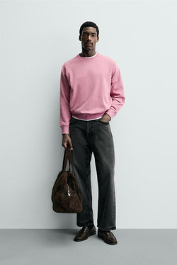 ZARA ТОЛСТОВКА С КРУГЛЫМ ВЫРЕЗОМ И ЭФФЕКТОМ ПОТЕРТОСТИ, РОЗОВЫЙ