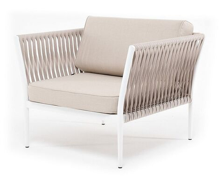"Касабланка" кресло плетеное из роупа, каркас алюминий белый, роуп бежевый 20мм, ткань бежевая 035