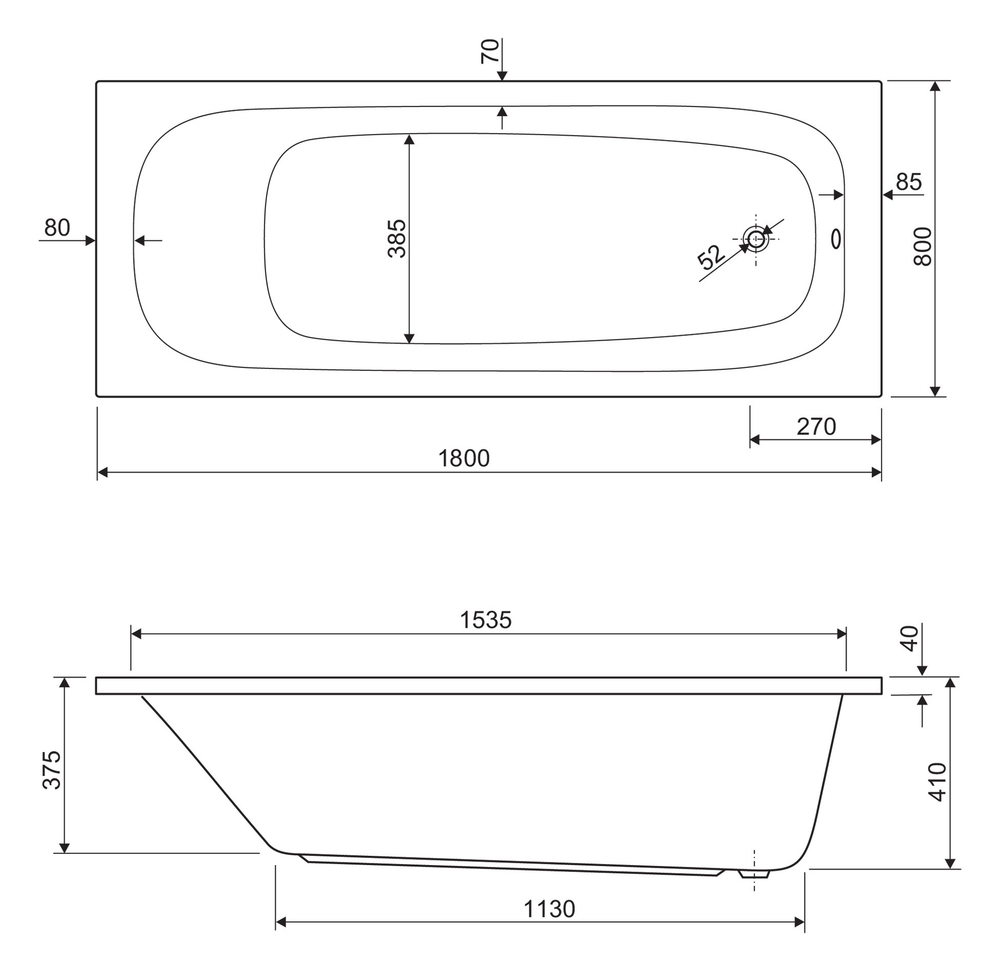 Ванна акриловая 180х80 Cezares ECO-180-80-41-W37