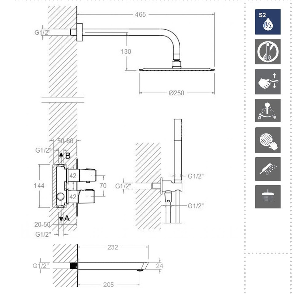 Встраиваемый смеситель для душа с изливом, тропическим и ручным душем TZAR K3415031