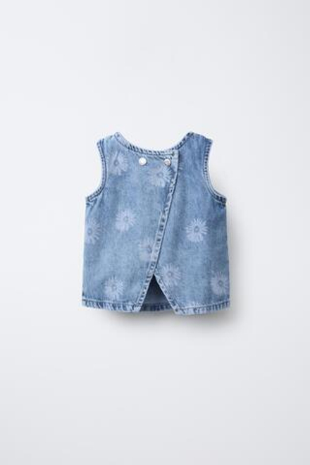 ZARA ДЖИНСОВЫЙ ТОП С ЦВЕТОЧНЫМ ПРИНТОМ, ГОЛУБОЙ