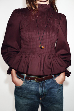 ZARA РУБАШКА С ЖАТЫМ ЭФФЕКТОМ, БУРГУНДИ