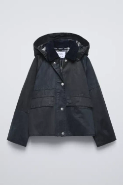 ZARA КУРТКА ИЗ ВОЩЕНОЙ ТКАНИ С КАПЮШОНОМ, СИНИЙ