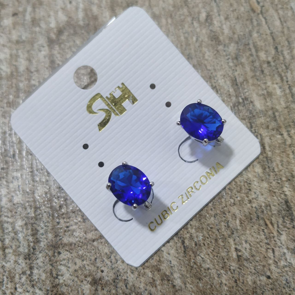 Серьги на англ.заст. Cubic Zirconia форма овал малый цвет синий металл серебристый