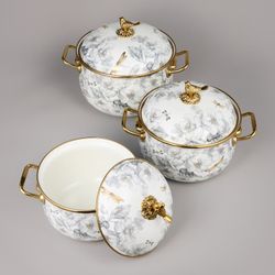 НАБОР КАСТРЮЛЬ AGNESS ЭМАЛИРОВАННЫХ СЕРИЯ "ЯБЛОНЕВЫЙ САД", 6ПР. 2,1Л, 2,8Л И 3,8Л