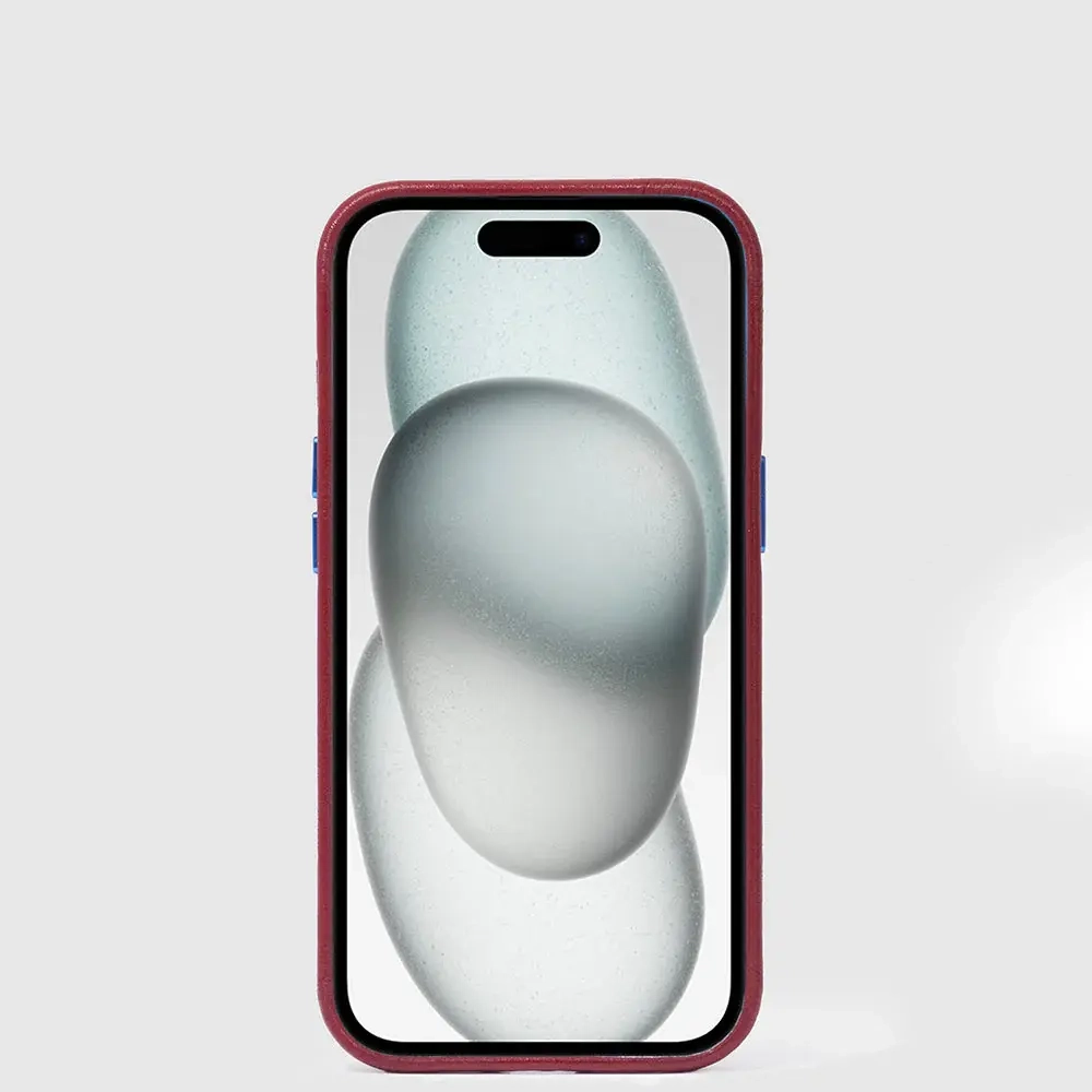 Чехол кожаный для iPhone® 15 Piquadro Blue Square/Red