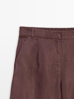 Massimo Dutti Брюки из 100% льна с широкими штанинами и эластичной деталью, коричневый