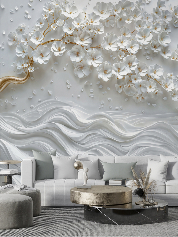 3D Фотообои объемное золотое дерево, белые цветы и волны из мрамора