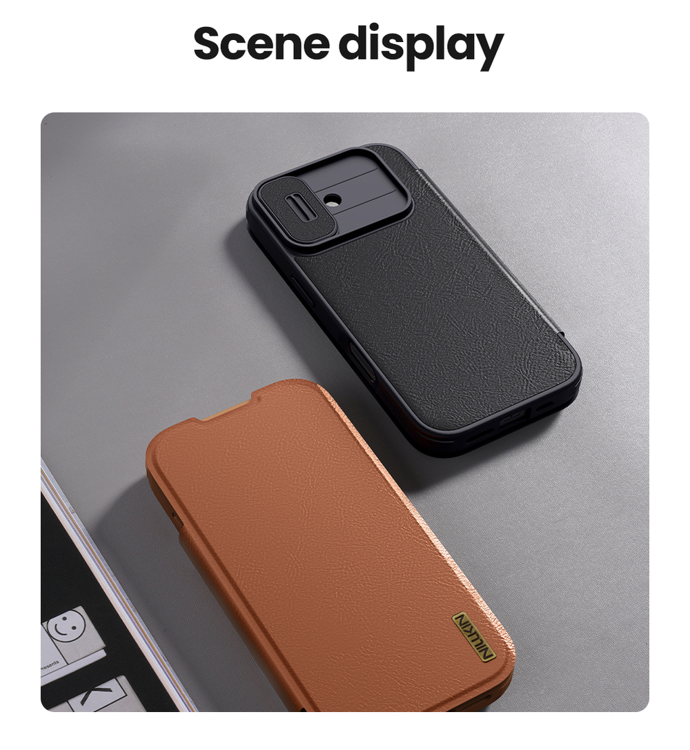 Кожаный чехол книжка коричневого цвета для iPhone 17, серия Qin Pro Leather с обновленной сдвижной шторкой от Nillkin