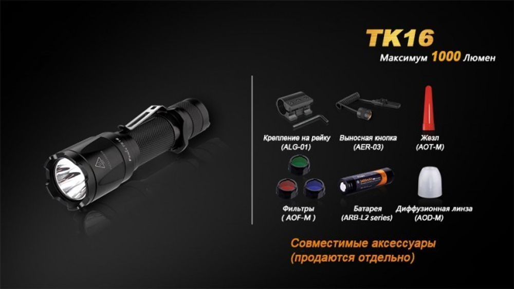Фонарь светодиодный тактический Fenix TK16 Cree XM-L2 U2, 1000 лм, аккумулятор