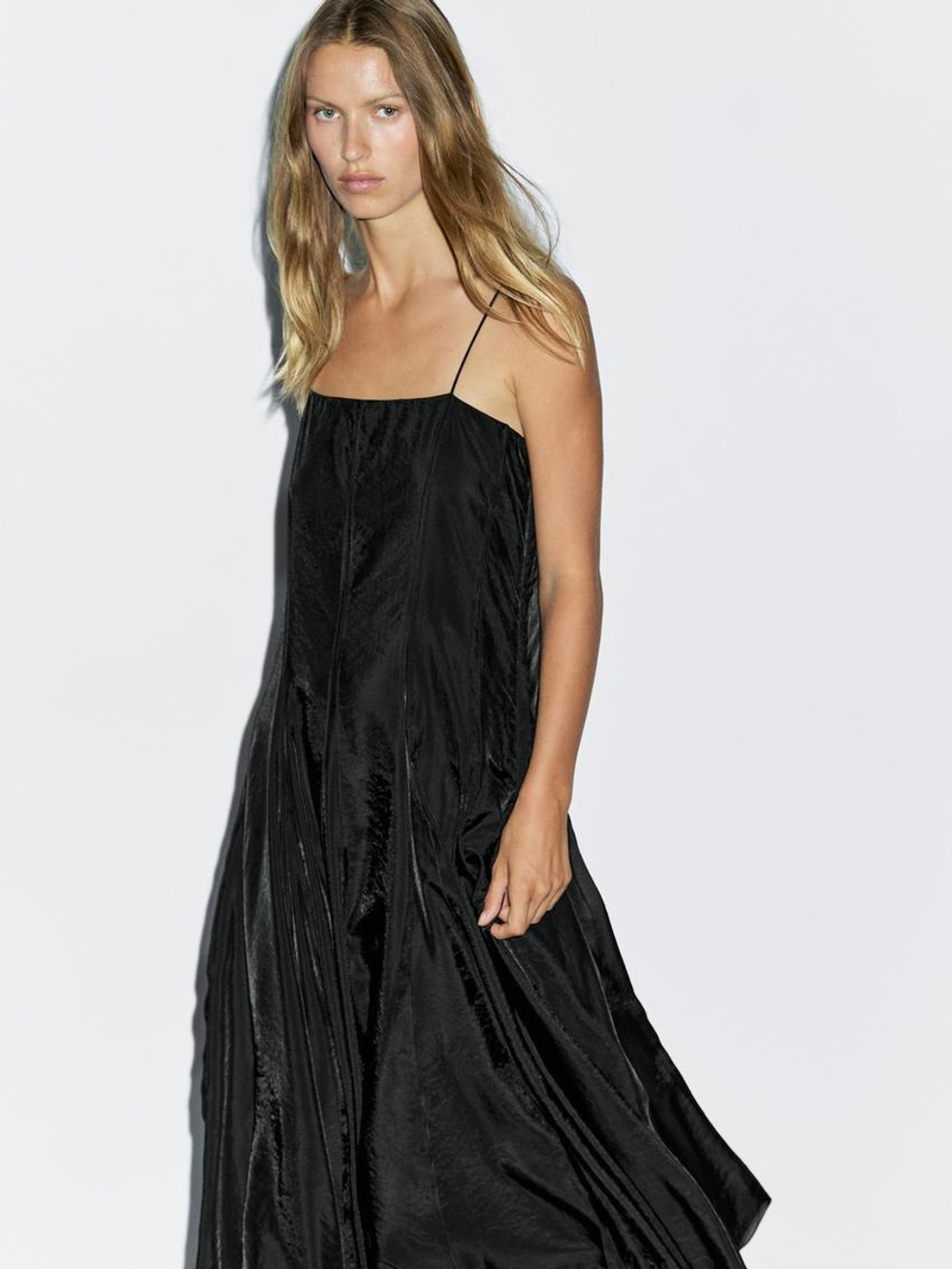 Massimo Dutti Платье миди из струящейся ткани с клиньями годе на юбке, черный