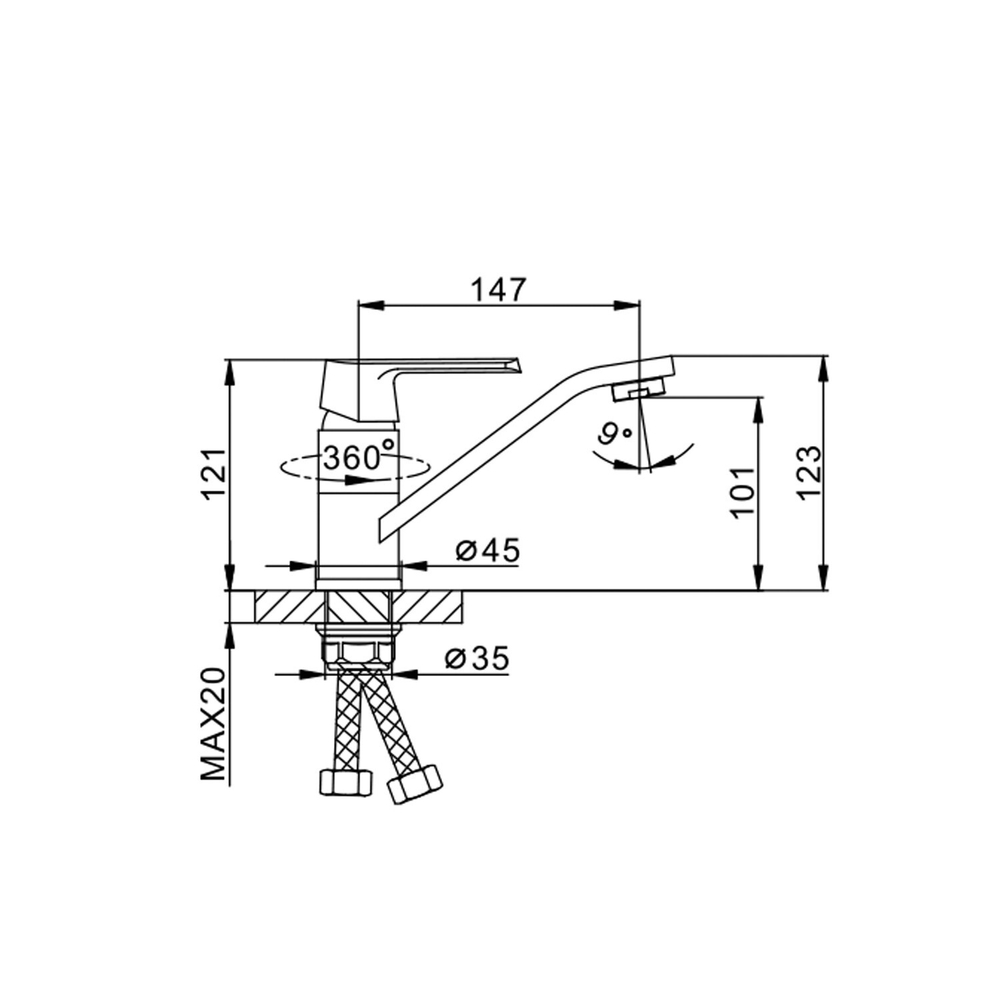 Смеситель для кухни 35к F4531 FRAP б/отв (пов. излив, п/гайку, белый/хром, латунь)