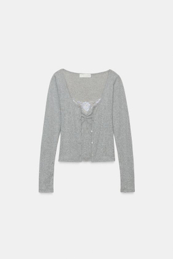 ZARA КАРДИГАН С КОНТРАСТНЫМ КРУЖЕВНЫМ ТОПОМ, СЕРЫЙ МЕЛАНЖ