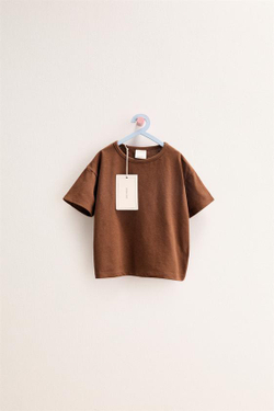 ZARA TIMELESS - ОДНОТОННАЯ ФУТБОЛКА ИЗ ХЛОПКА И ЛЬНА, ШОКОЛАДНЫЙ