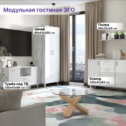 Тумба под ТВ Т-2 (НГ) ЭГО 130х41х69 Бетон Светлый/Белый Глянец Дисконт (Невозвратный товар!)