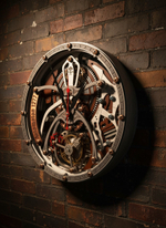Настенные часы WOODandROOT Automaton 1277 Tourbillon с кинетическими шестерёнками на тёмной кирпичной стене в индустриальном интерьере.