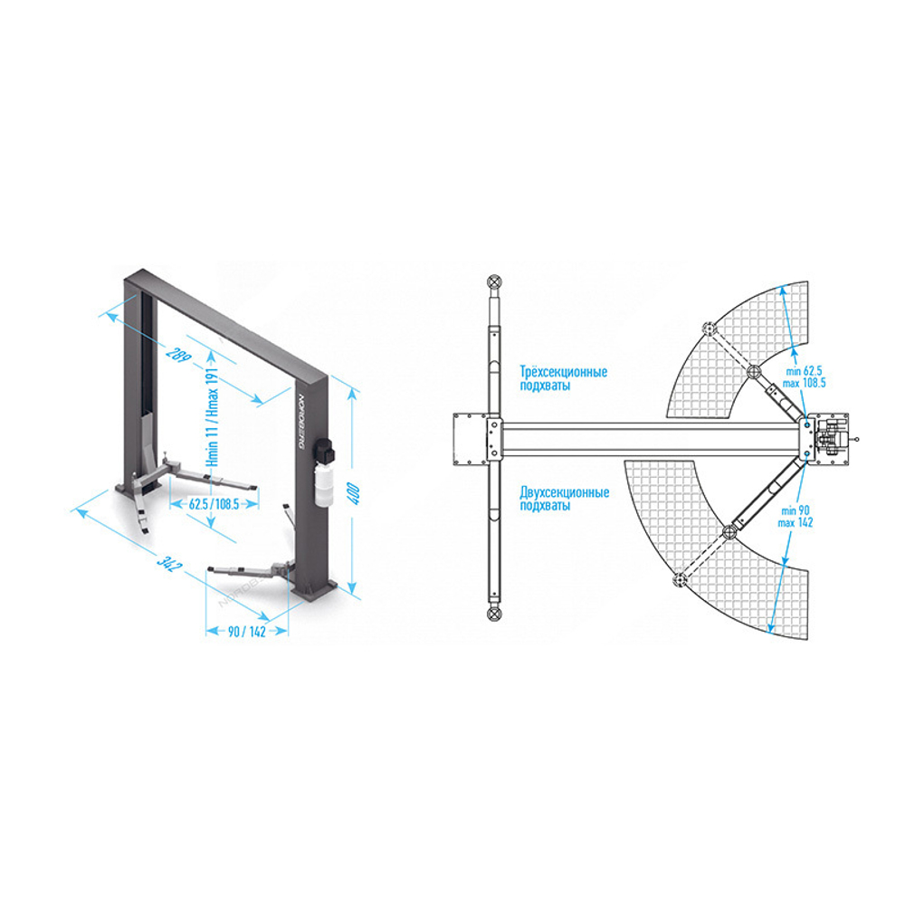 NORDBERG (N4120H1-4G_3+2_380) Подъемник 2х стоечный 4 т, верхняя синхронизация, H=4 м, 380 В, серый