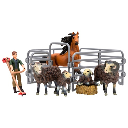 Игрушки фигурки в наборе серии "На ферме", 9 предметов (фермер, лошадь и семья овец, ограждение-загон, инвентарь)