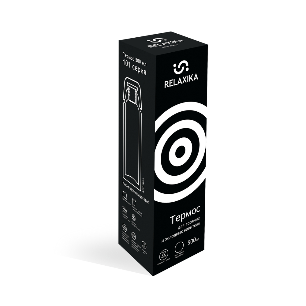 Термос Relaxika 101 (0,5 литра), черный (стикерпак "Красоты России")