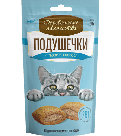 Деревенские лакомства Для кошек Подушечки с пюре из лосося 30гр.