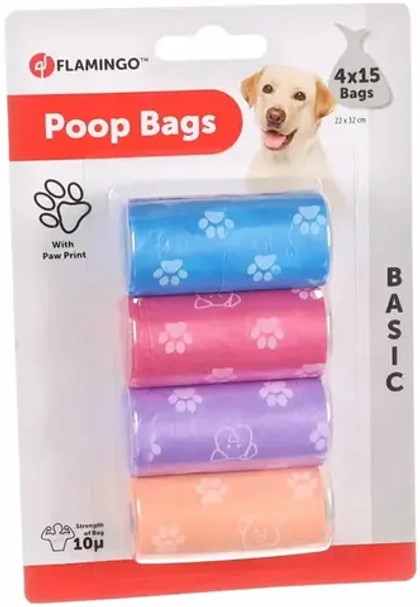 FLAMINGO Пакеты гигиенические для выгула собак "Лапки", 22*32 см (4*15 шт)