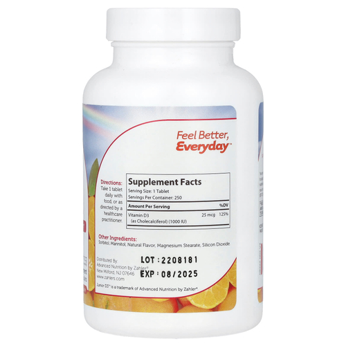 Zahler, Junior D3, улучшенная формула витамина D3, апельсин, 25 мкг (1000 МЕ), 250 жевательных таблеток