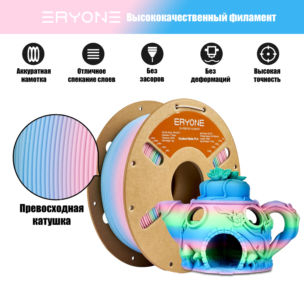 Пластик Eryone Matte Gradient Multi-Color PLA 1.75mm 1kg fairy tale-pink & green & blue