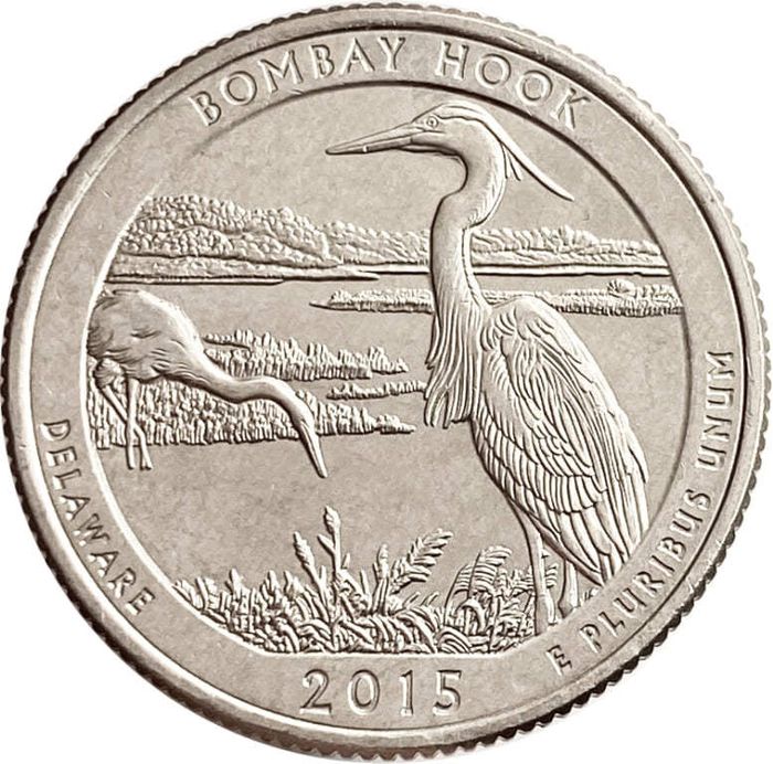25 центов (1/4 доллара, квотер) 2015 США «Национальный заповедник Бомбей-Хук» (P) (29-й парк)