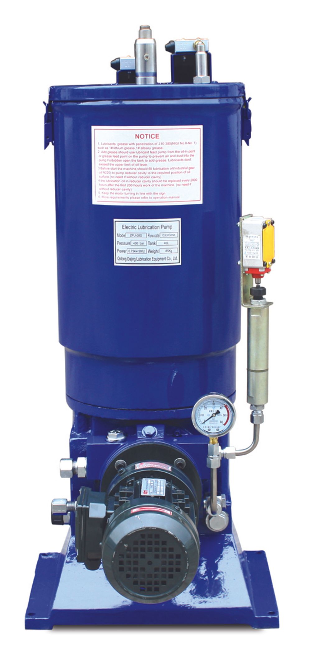 ZPU-08G - Станция смазки электрическая для двухлинейных систем, рабочее давление до 400 бар, подача 133 мл/мин, мощность двигателя 0,55 кВт, объем бака 40 литров; тип станции - Одиночная станция