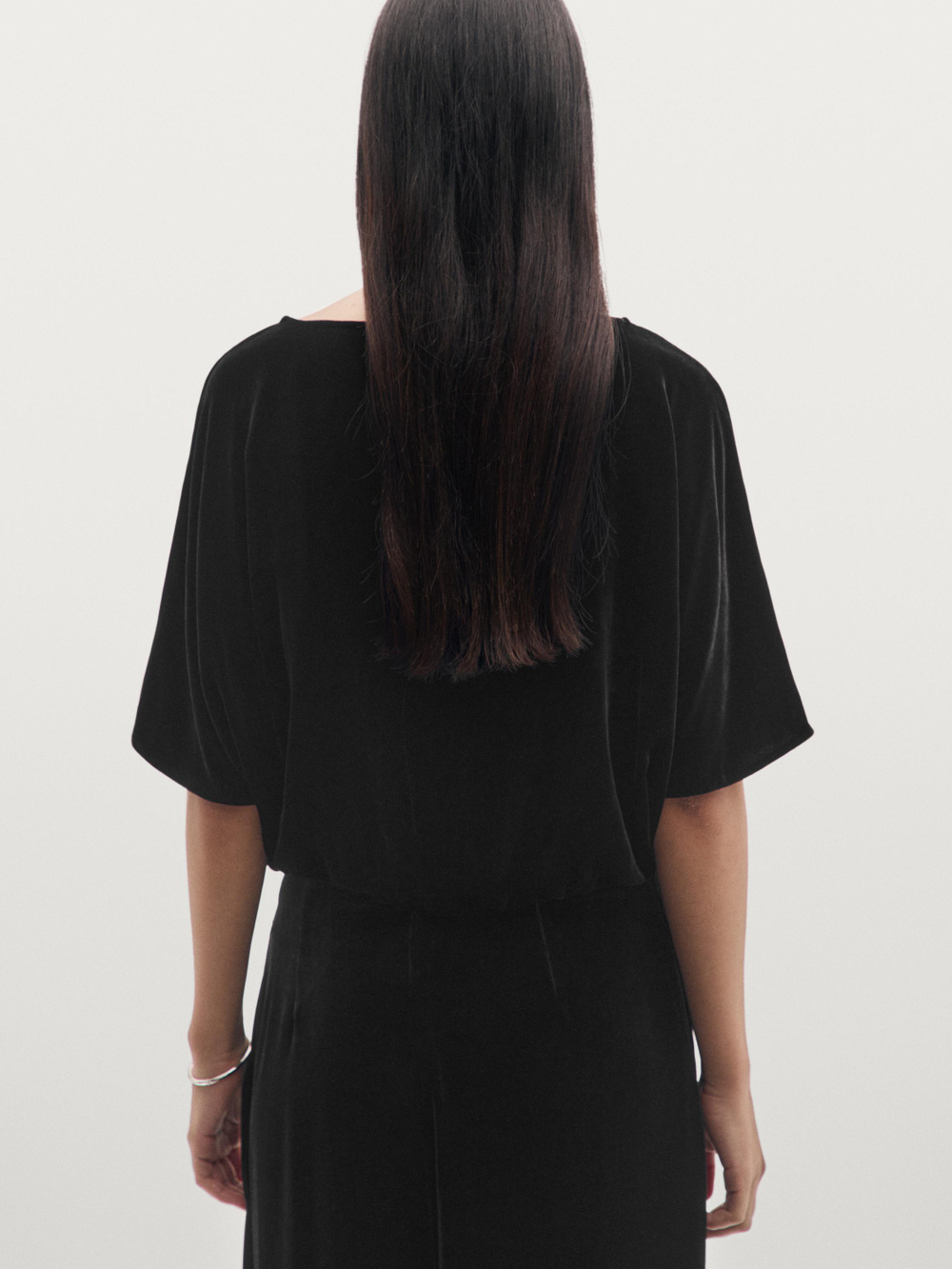 Massimo Dutti Бархатный топ с короткими рукавами, черный